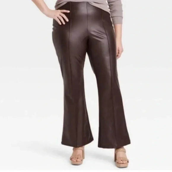 Women's A New Day Brown Faux Leather Flare Pants - Picture 9 of 9